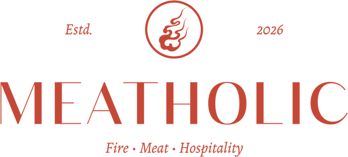 Meatholic logo: fire seal, Estd. 2026, Fire · Meat · Hospitality